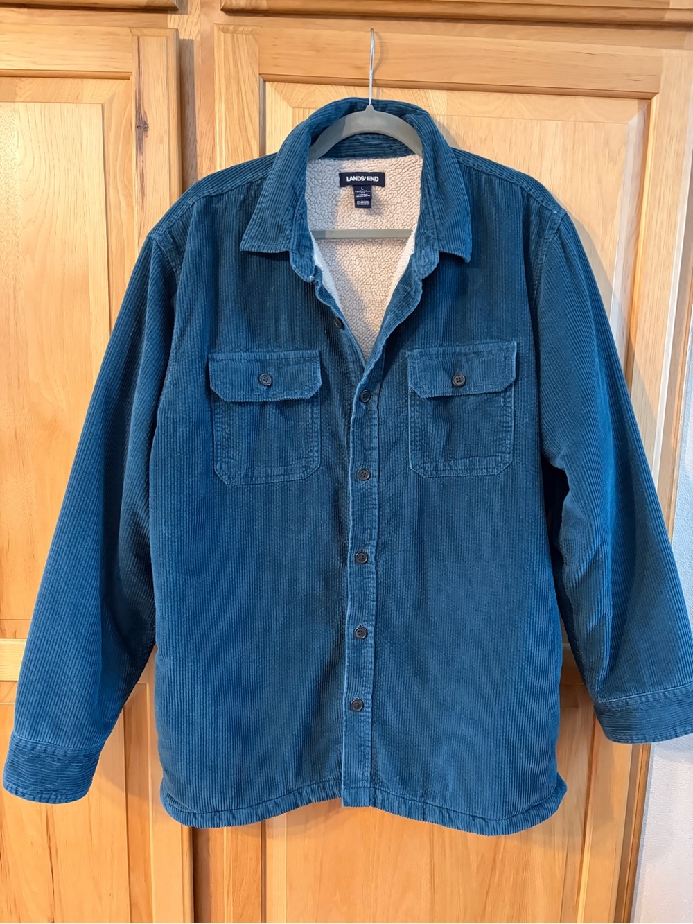 Lands' End Men's Teal Blue Corduroy Sherpa-Lined Shirt Jacket